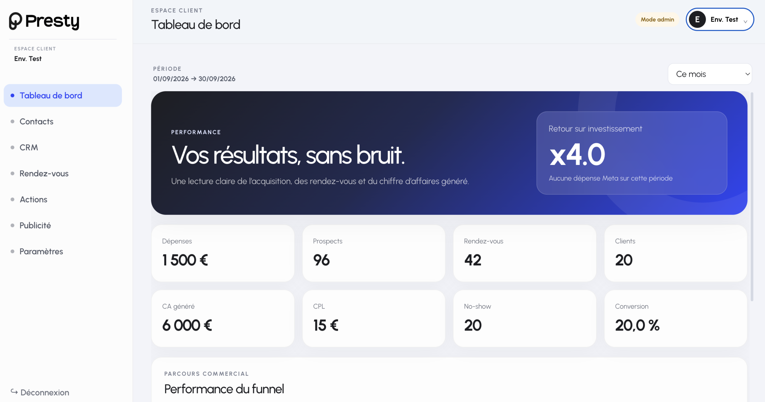 Aperçu du CRM Presty